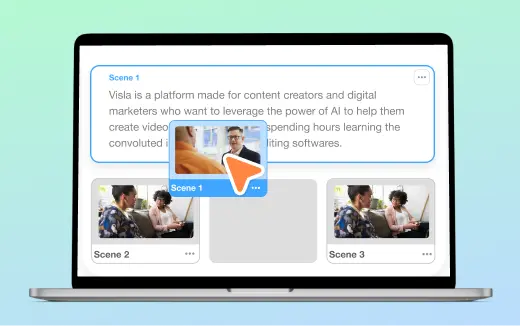 Scene-based video editing in Visla with drag-and-drop interface and timeline preview